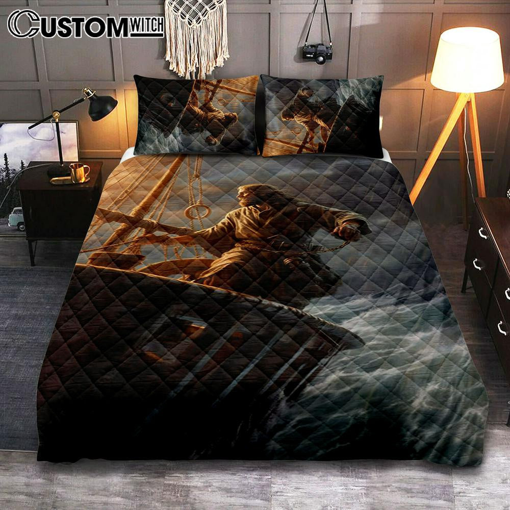 Power Jesus Christ Came To Rescue A Fishing Boat In A Storm Quilt Bedding Set Prints - Jesus Quilt Bedding Set Art - Christian Bedroom Decor