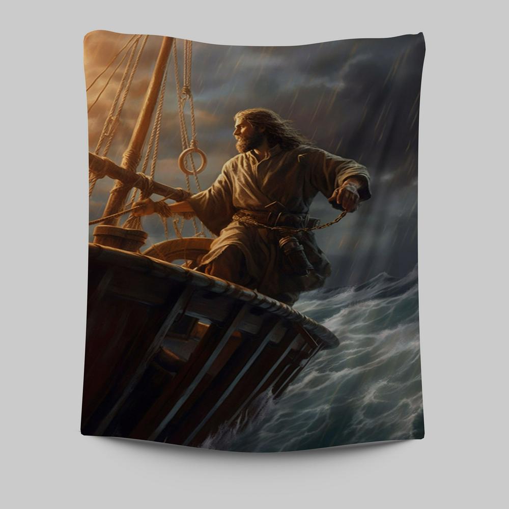 Power Jesus Christ Came To Rescue A Fishing Boat In A Storm Tapestry Prints - Jesus Tapestry Art - Christian Wall Art Decor