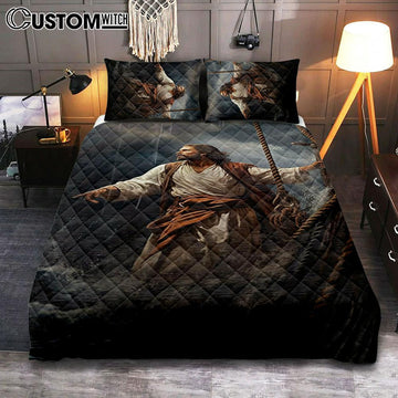 Power Jesus Christ Came To Rescue A Fishing Boat Quilt Bedding Set Prints - Jesus Quilt Bedding Set Art - Christian Bedroom Decor
