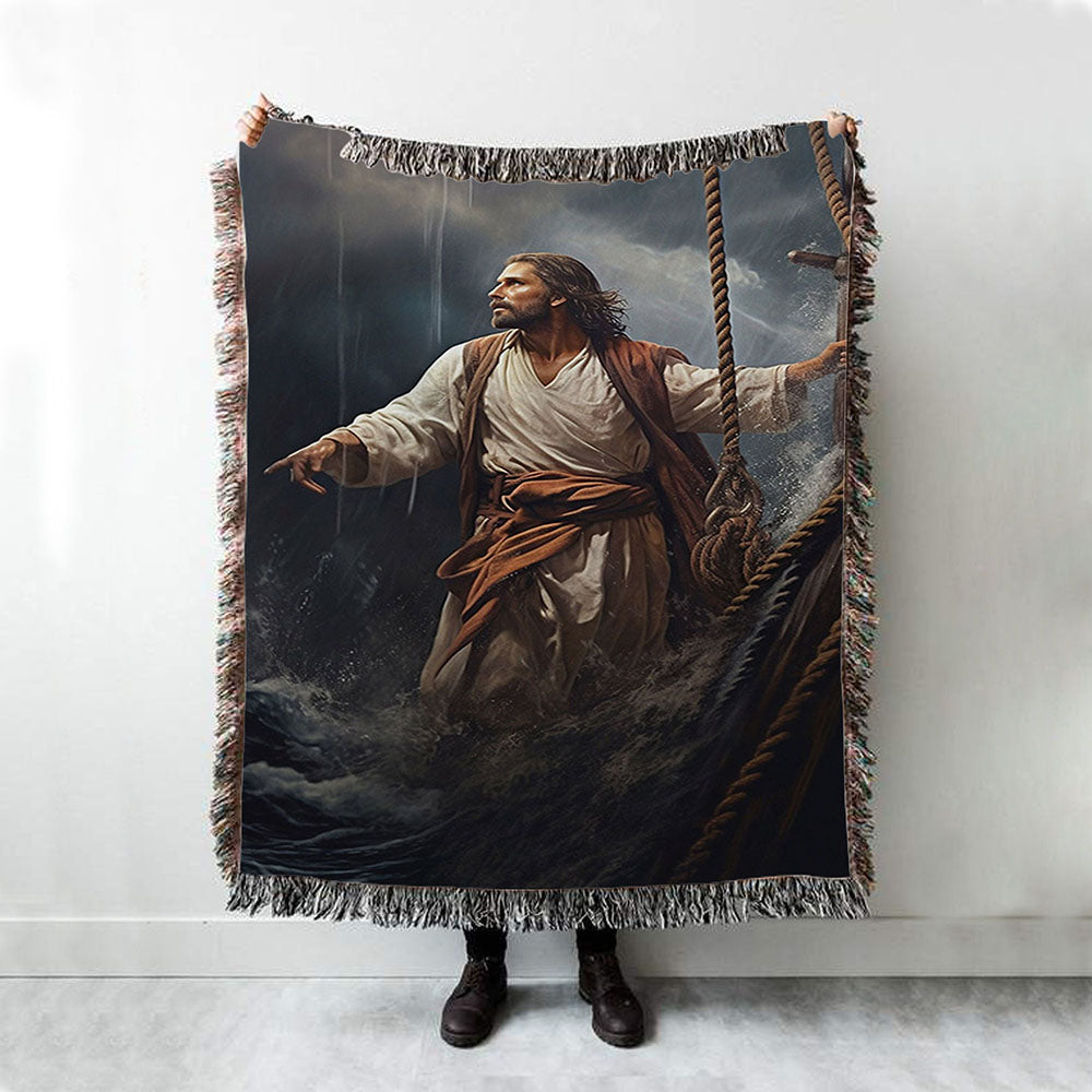Power Jesus Christ Came To Rescue A Fishing Boat Woven Blanket Prints - Jesus Woven Blanket Art - Christian Throw Blanket Decor
