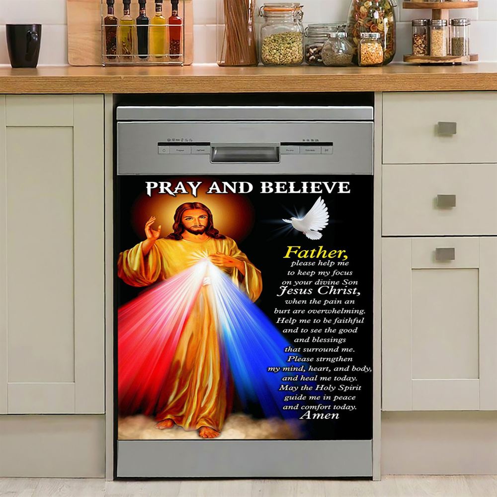 Pray And Believe Jesus Christ Dishwasher Cover, Jesus Dishwasher Wrap, Christian Kitchen Decoration