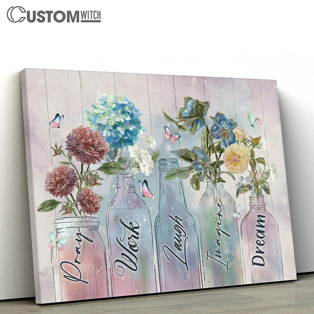 Pray Work Laugh Blue Hydrangea Red Chrysanthemum Canvas Wall Art - Bible Verse Canvas - Religious Prints