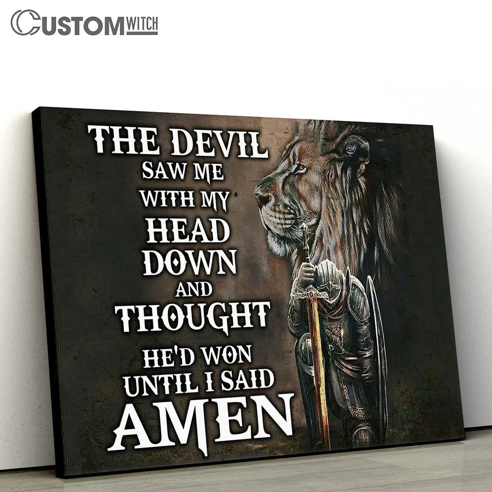 Prayer Warrior &amp; Lion Canvas Wall Art - The Devil Saw Me With My Head Down - Bible Verse Wall Art - Christian Home Decor