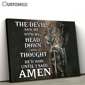 Prayer Warrior &amp; Lion Canvas Wall Art - The Devil Saw Me With My Head Down - Bible Verse Wall Art - Christian Home Decor