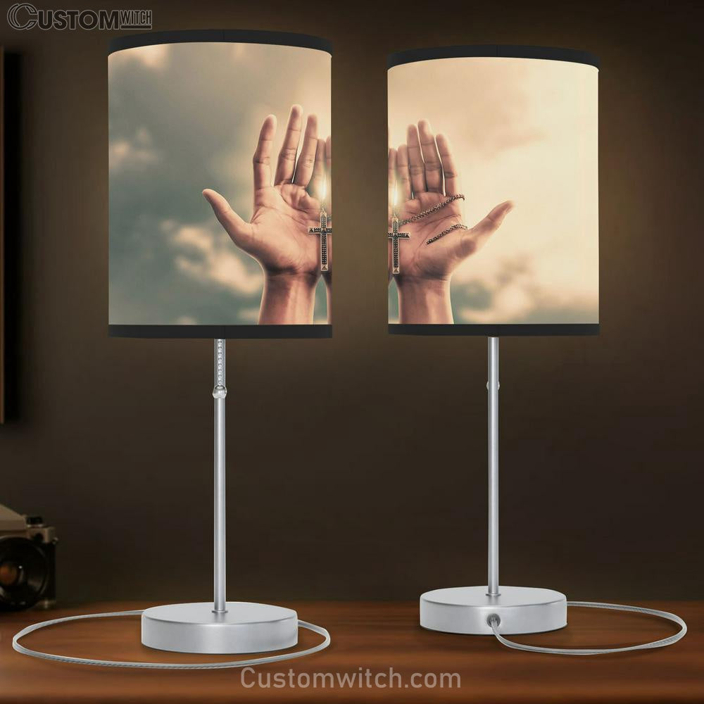 Praying Hands Hold Crucifix Cross Table Lamp Pictures - Faith Art - Christian Table Lamp Gift Decor
