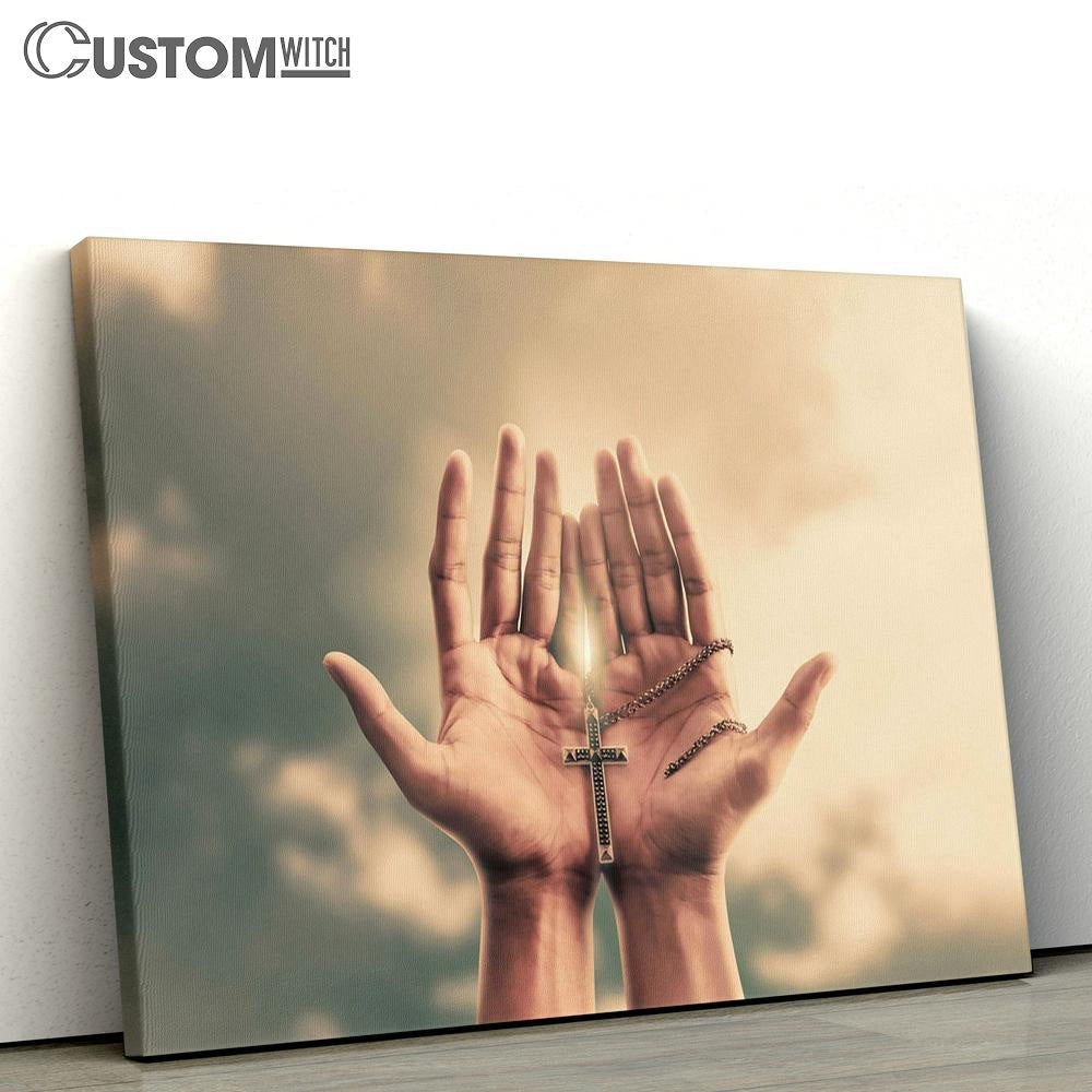 Praying Hands Hold Crucifix Cross Canvas Pictures - Faith Art - Christian Canvas Wall Art Decor