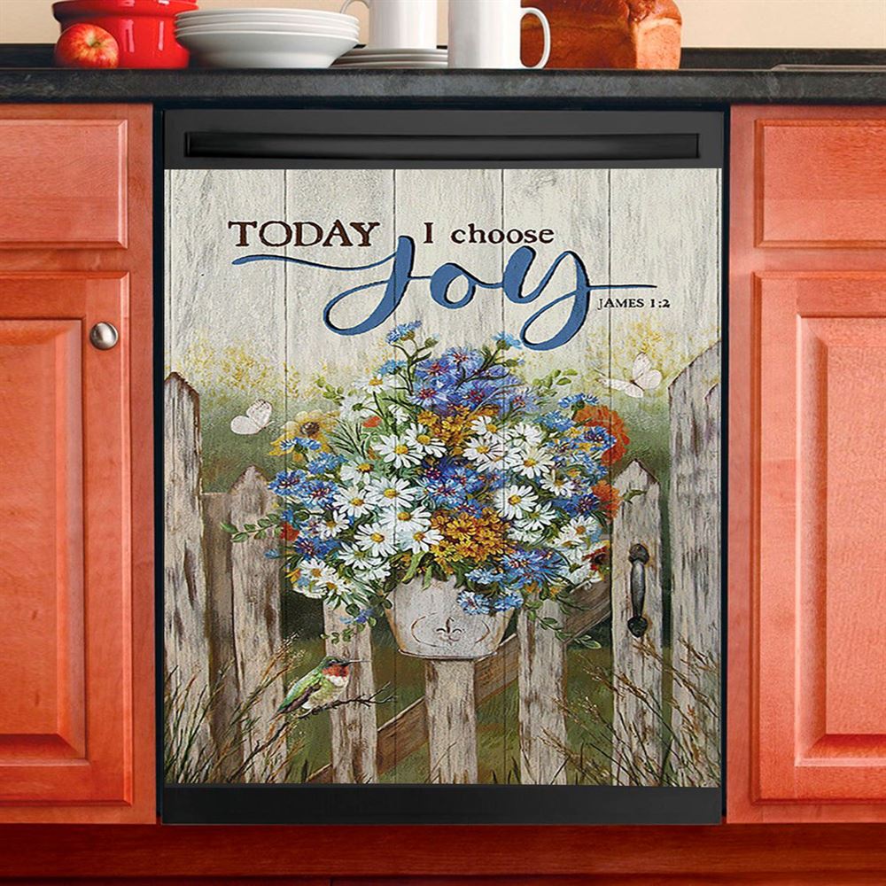 Pretty Flower Vase Today I Choose Joy Dishwasher Cover, Christian Dishwasher Wrap, Religious Kitchen Decoration