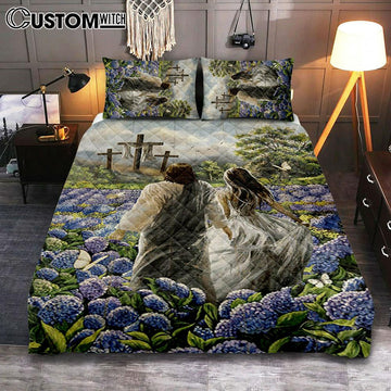 Pretty Girl Walking With Jesus In Purple Hydrangea Flower Field Quilt Bedding Set Print - Inspirational Quilt Bedding Set Art - Christian Bedroom Home Decor