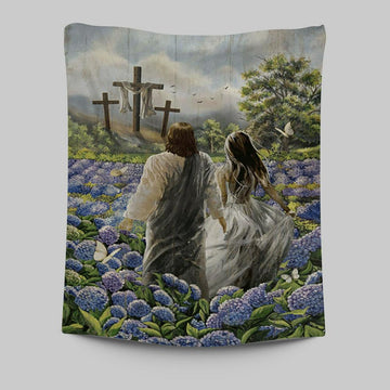 Pretty Girl Walking With Jesus In Purple Hydrangea Flower Field Tapestry Print - Inspirational Tapestry Art - Christian Wall Art Home Decor