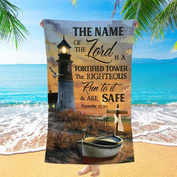 Pretty Sunset Lighthouse Drawing The Name Of The Lord Beach Towel, Christian Beach Towel, Christian Gift, Gift For Women