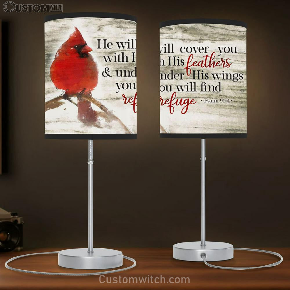 Psalm 914 He Will Cover You With His Feathers Table Lamp Gift - Cardinal Bird - Christian Bedroom Decor