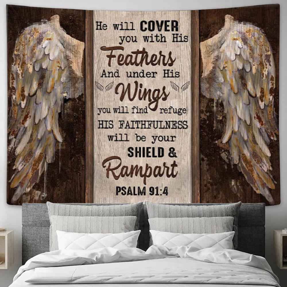 Psalm 914 He Will Cover You With His Feathers Tapestry Wall Art - Bible Verse Wall Art Decor - Christian Wall Decor