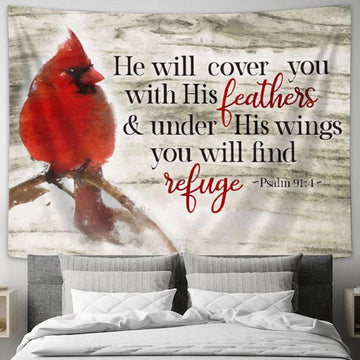 Psalm 914 He Will Cover You With His Feathers Tapestry Wall Art - Cardinal Bird - Christian Wall Decor