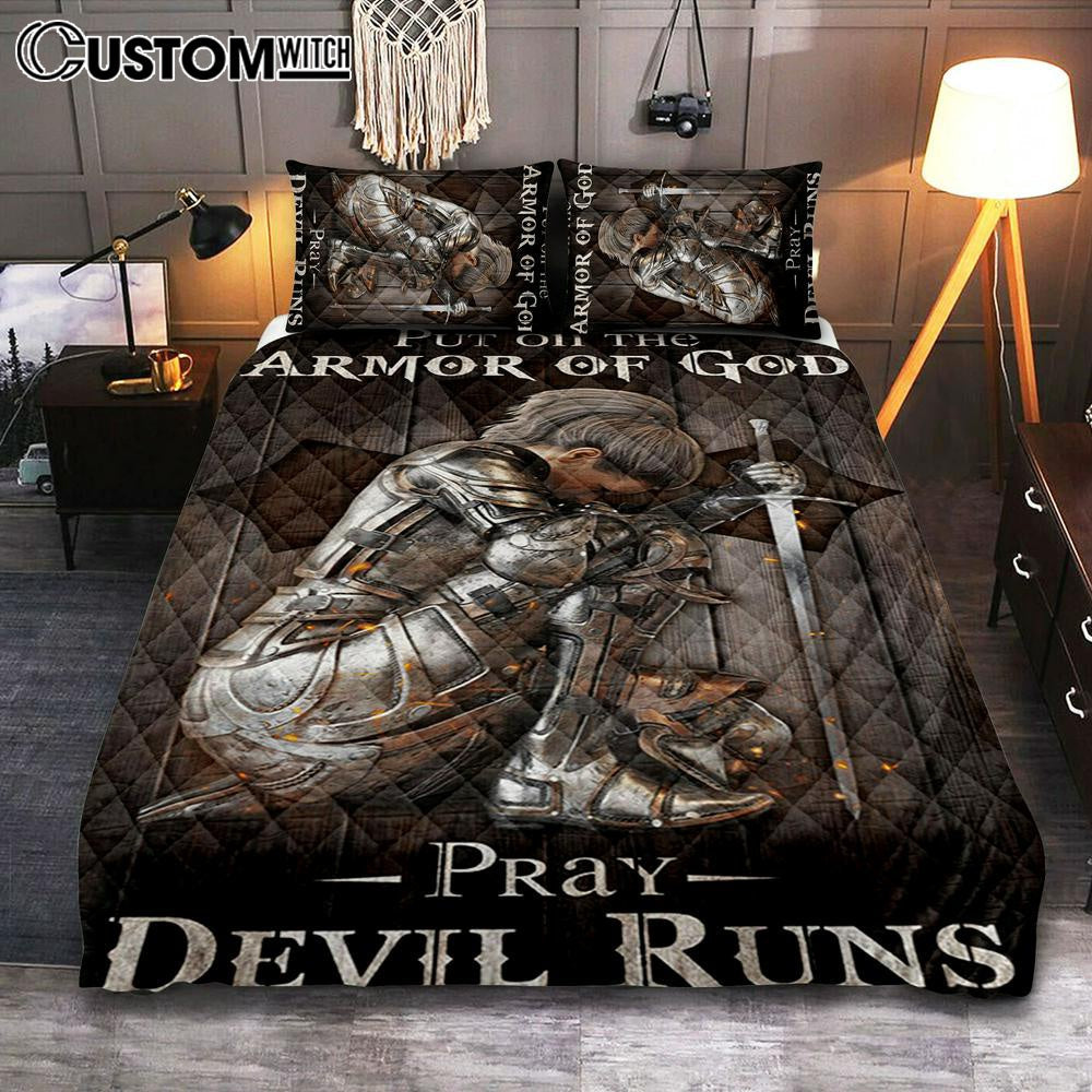 Put On The Armor Of God Pray Devil Runs Warrior Quilt Bedding Set Prints - Christian Cover Twin Bedding Decor - Bible Verse Quilt Bedding Set Art