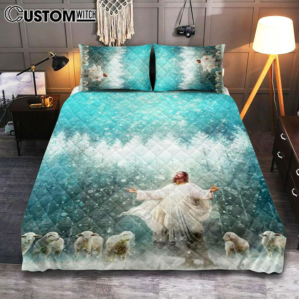 Radiance Jesus And Sheep Quilt Bedding Set Prints - Jesus Christ Quilt Bedding Set Art - Christian Cover Twin Bedding Decor