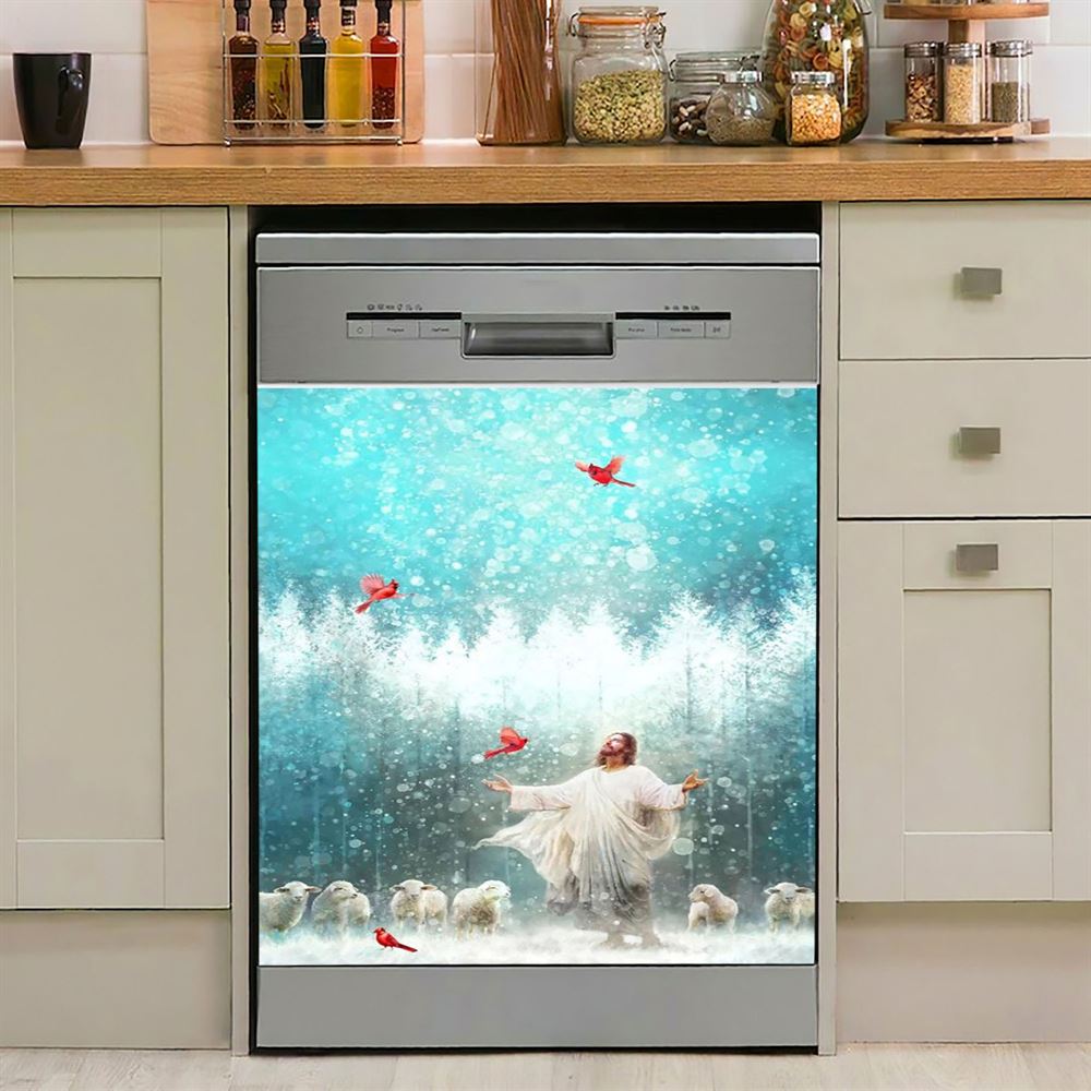 Radiance Jesus And Snow Cardinal Dishwasher Cover, Jesus Christ Dishwasher Wrap, Christian Kitchen Decoration