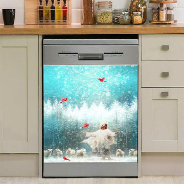 Radiance Jesus And Snow Cardinal Dishwasher Cover, Jesus Christ Dishwasher Wrap, Christian Kitchen Decoration