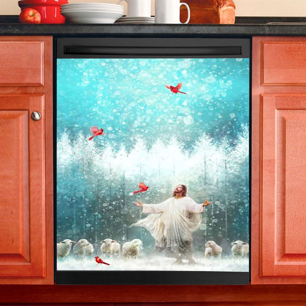 Radiance Jesus And Snow Cardinal Dishwasher Cover, Jesus Christ Dishwasher Wrap, Christian Kitchen Decoration