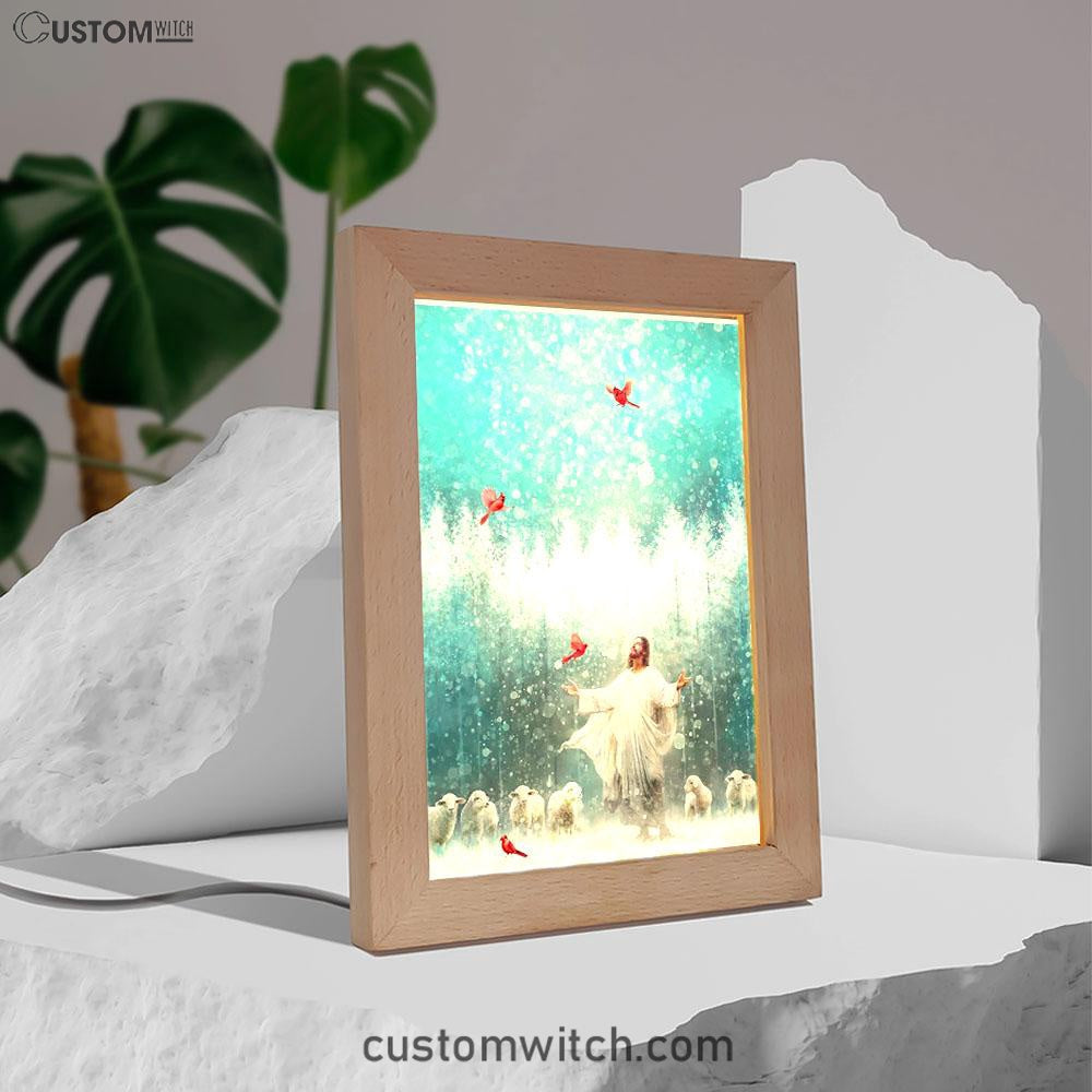 Radiance Jesus And Snow Cardinal Frame Lamp Prints - Jesus Christ Frame Lamp Art - Christian Decor