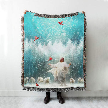 Radiance Jesus And Snow Cardinal Woven Blanket Prints - Jesus Christ Woven Blanket Art - Christian Boho Blanket