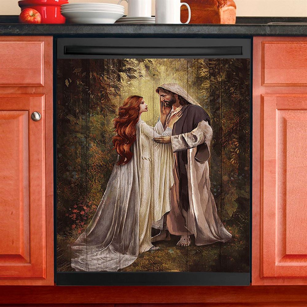 Red Head Women And Jesus In A Beautiful Forest Dishwasher Cover, Christian Dishwasher Wrap, Religious Kitchen Decoration