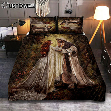 Red Head Women And Jesus In A Beautiful Forest Quilt Bedding Set - Christian Bedroom - Religious Home Decor
