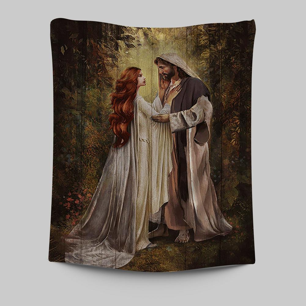 Red Head Women And Jesus In A Beautiful Forest Tapestry - Christian Wall Art - Religious Home Decor