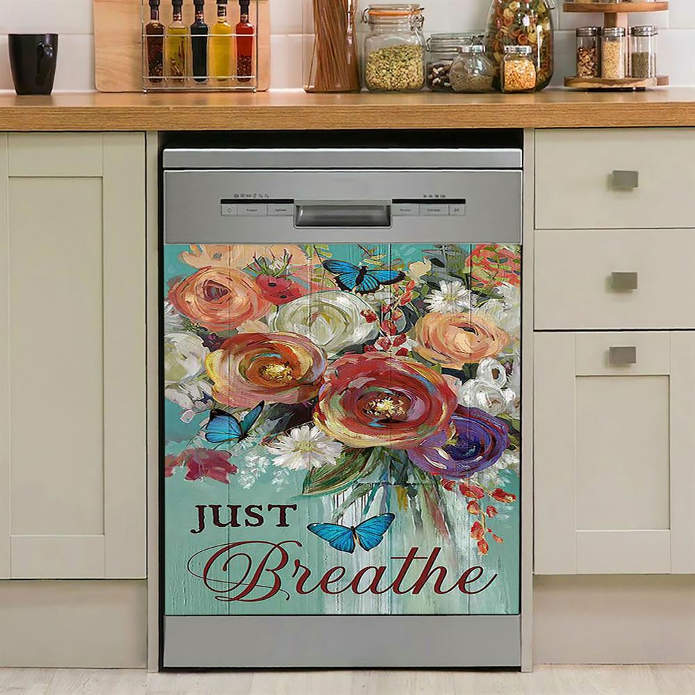 Red Rose Just Breathe Dishwasher Cover, Christian Dishwasher Wrap, Religious Kitchen Decoration