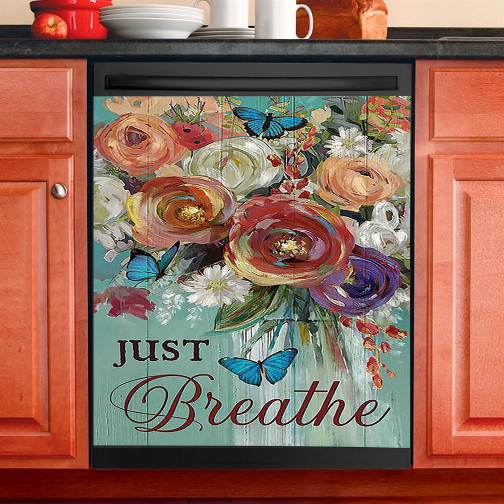 Red Rose Just Breathe Dishwasher Cover, Christian Dishwasher Wrap, Religious Kitchen Decoration