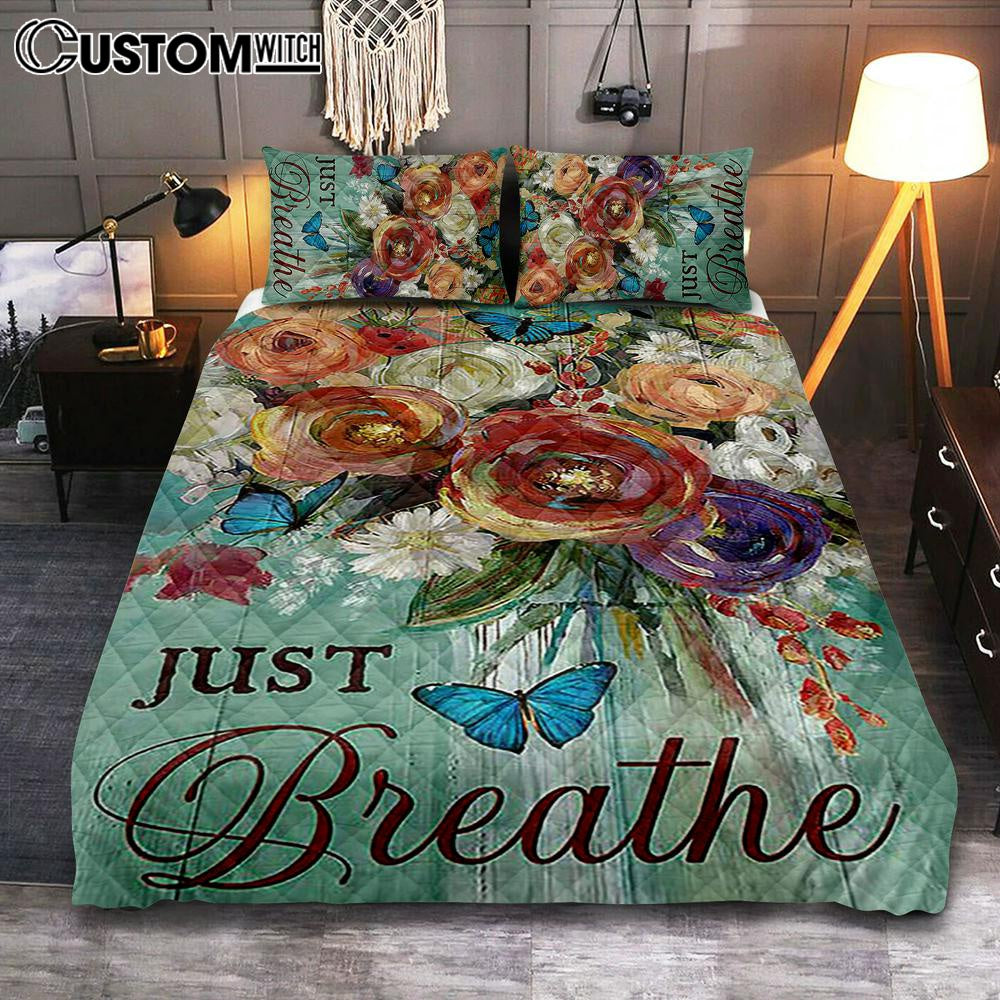 Red Rose Just Breathe Quilt Bedding Set - Christian Bedroom - Religious Home Decor