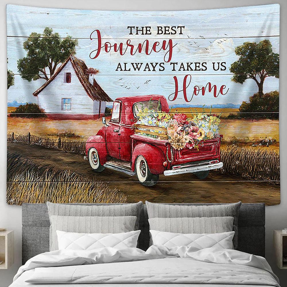 Red Truck The Best Journey Always Takes Us Home Tapestry Art - Christian Wall Art Decor - Bible Verse Tapestry