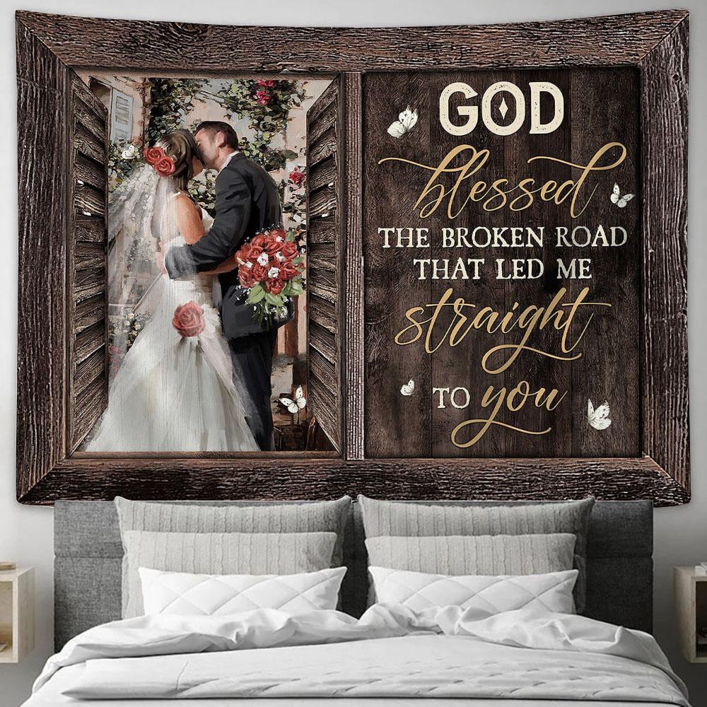 Red rose God blessed the broken road Tapestry Wall Art - Bible Verse Tapestry - Religious Tapestry Wall Hanging