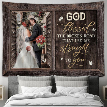 Red rose God blessed the broken road Tapestry Wall Art - Bible Verse Tapestry - Religious Tapestry Wall Hanging