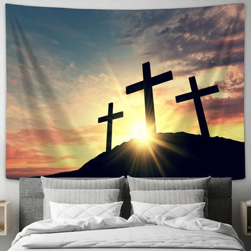 Religious Cross Night Sunrise Sky Tapestry Pictures - Faith Art - Christian Tapestry Wall Art Decor
