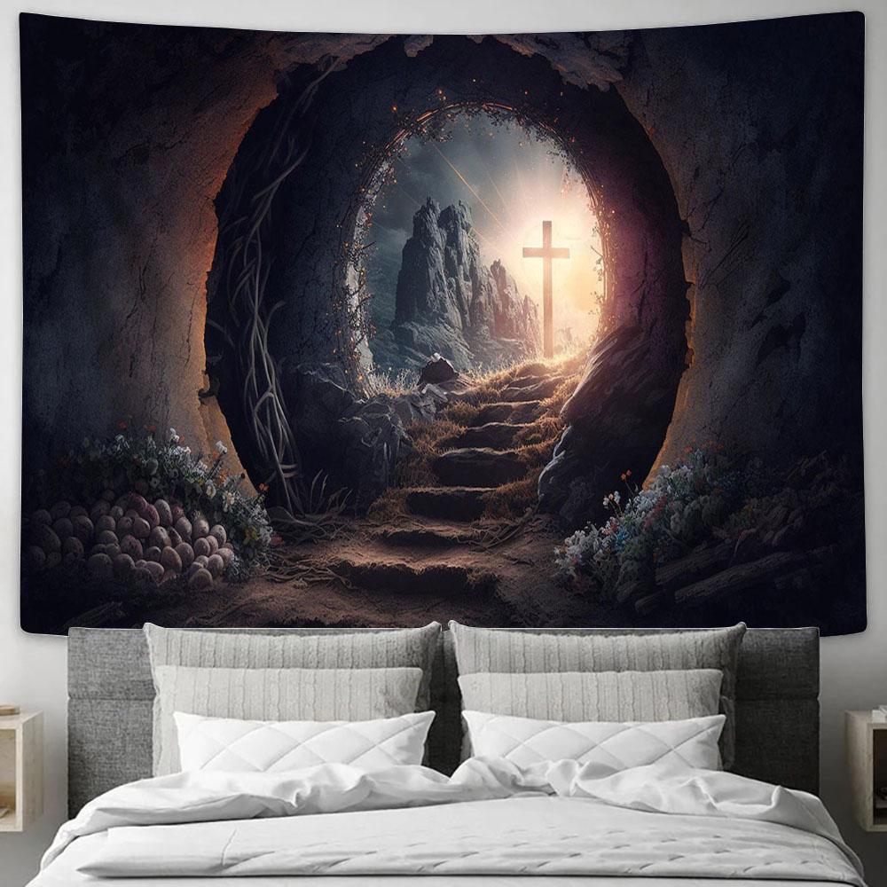 Resurrection Empty Tomb With Crucifix Dawn Tapestry Pictures - Faith Art - Christian Tapestry Wall Art Decor