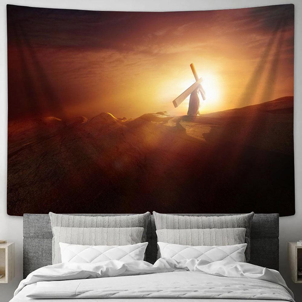 Resurrection Jesus Carrying Cross Tapestry Pictures - Faith Art - Christian Tapestry Wall Art Decor