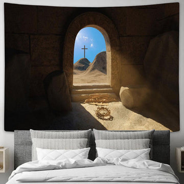 Resurrection Jesus Christ Empty Stone Tomb Tapestry Pictures - Faith Art - Christian Tapestry Wall Art Decor