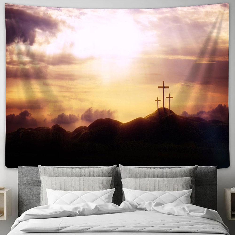 Resurrection Jesus Christ Holy Cross Tapestry Pictures - Faith Art - Christian Tapestry Wall Art Decor