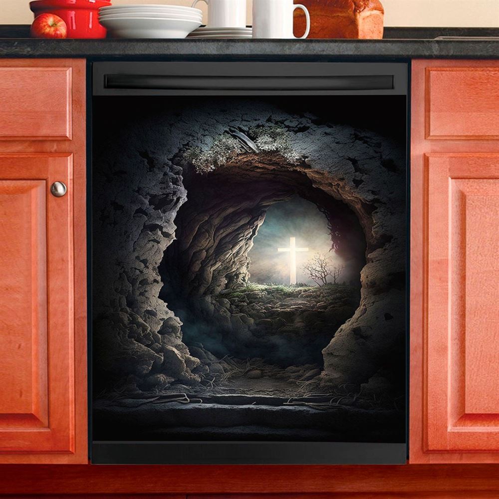 Resurrection Light Empty Tomb With Crucifix Dawn Dishwasher Cover, Religious Dishwasher Wrap, Christian Kitchen Decoration