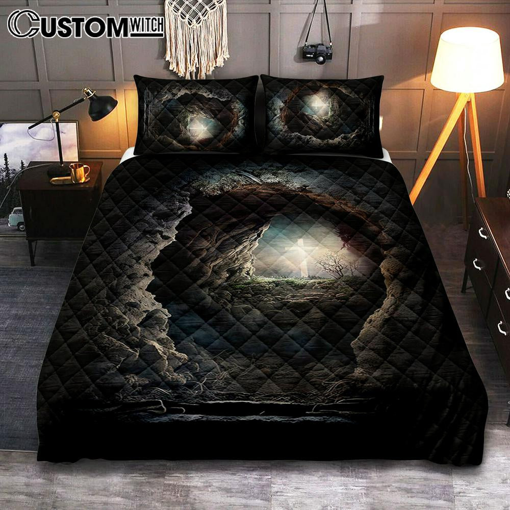 Resurrection Light Empty Tomb With Crucifix Dawn Quilt Bedding Set Prints - Religious Quilt Bedding Set Art - Christian Cover Twin Bedding Decor