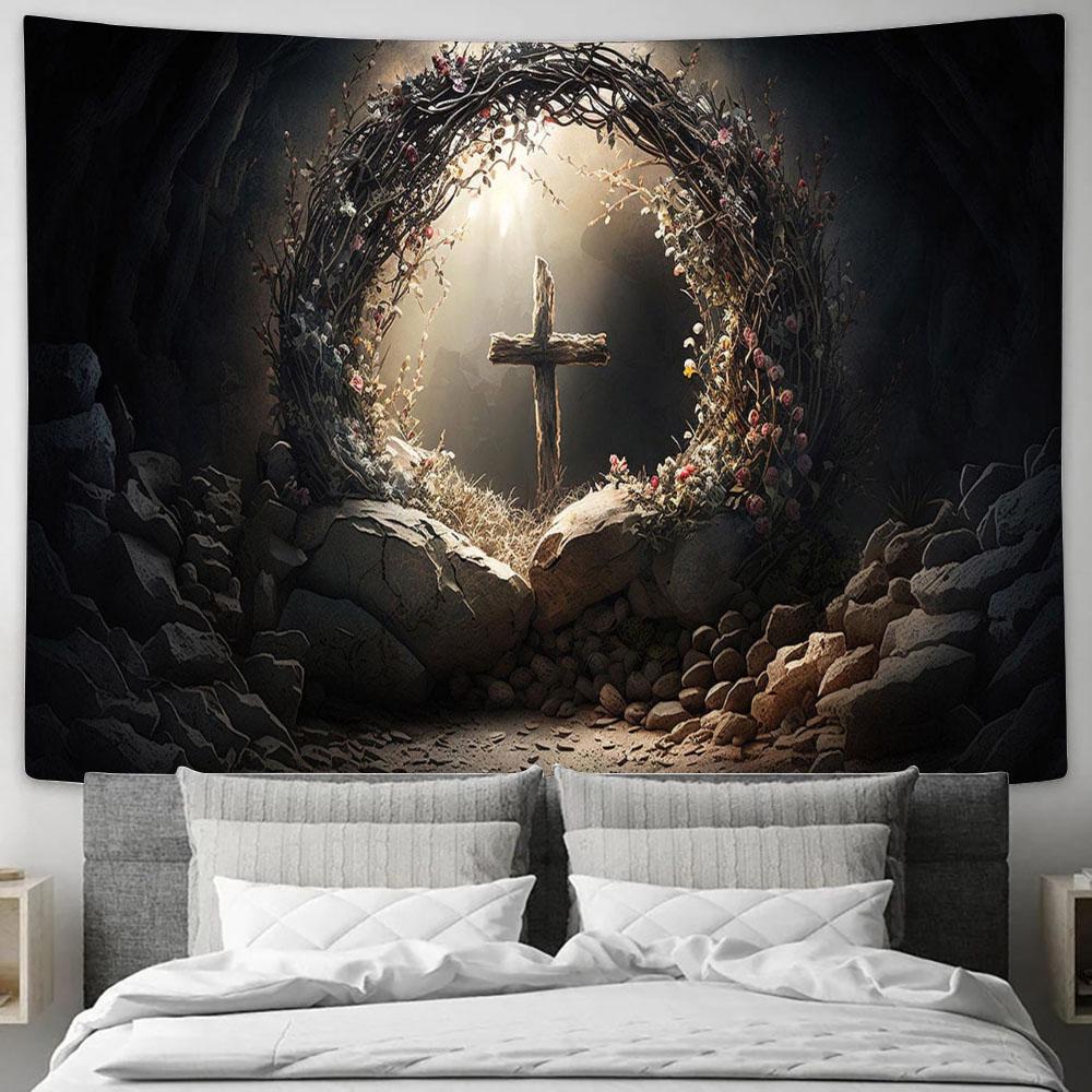 Resurrection Light Empty Tomb With Crucifix Dawn Tapestry Pictures - Faith Art - Christian Tapestry Wall Art Decor