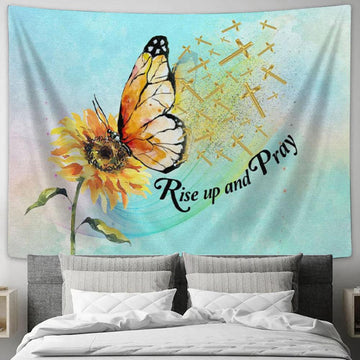 Rise Up And Pray Butterfly Sunflower Tapestry Wall Art - Christian Wall Decor