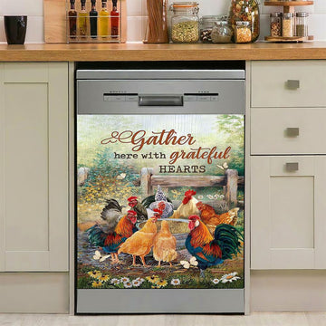 Rooster Meadow Land Gather Here With Grateful Hearts Dishwasher Cover, Christian Dishwasher Wrap, Bible Verse Kitchen Decoration