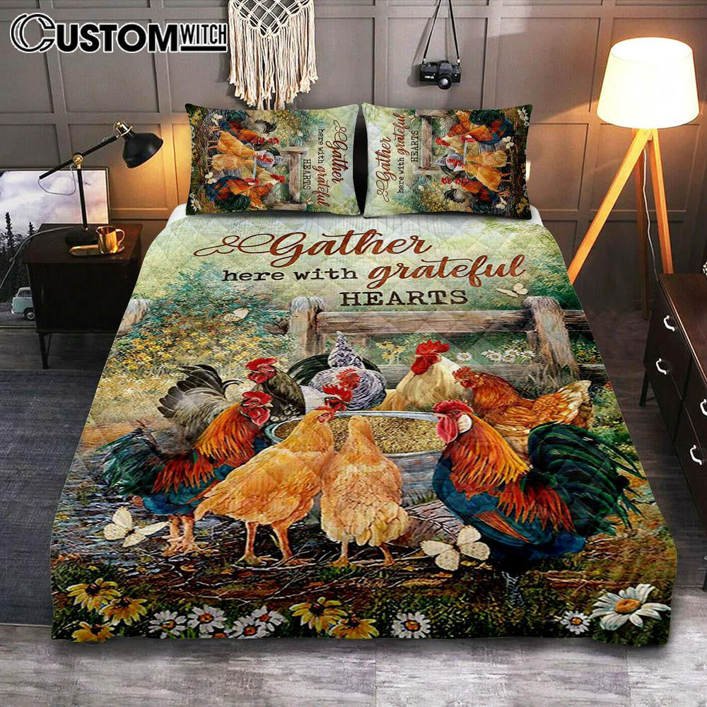 Rooster Meadow Land Gather Here With Grateful Hearts Quilt Bedding Set Art - Christian Art - Bible Verse Bedroom - Religious Home Decor