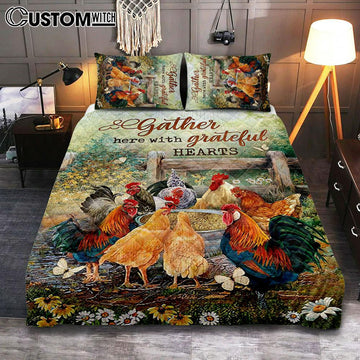 Rooster Meadow Land Gather Here With Grateful Hearts Quilt Bedding Set Art - Christian Art - Bible Verse Bedroom - Religious Home Decor
