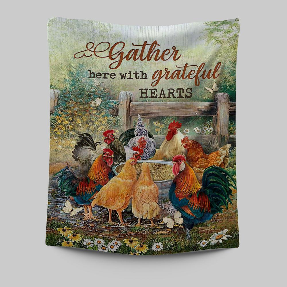 Rooster Meadow Land Gather Here With Grateful Hearts Tapestry Art - Christian Art - Bible Verse Wall Art - Religious Home Decor