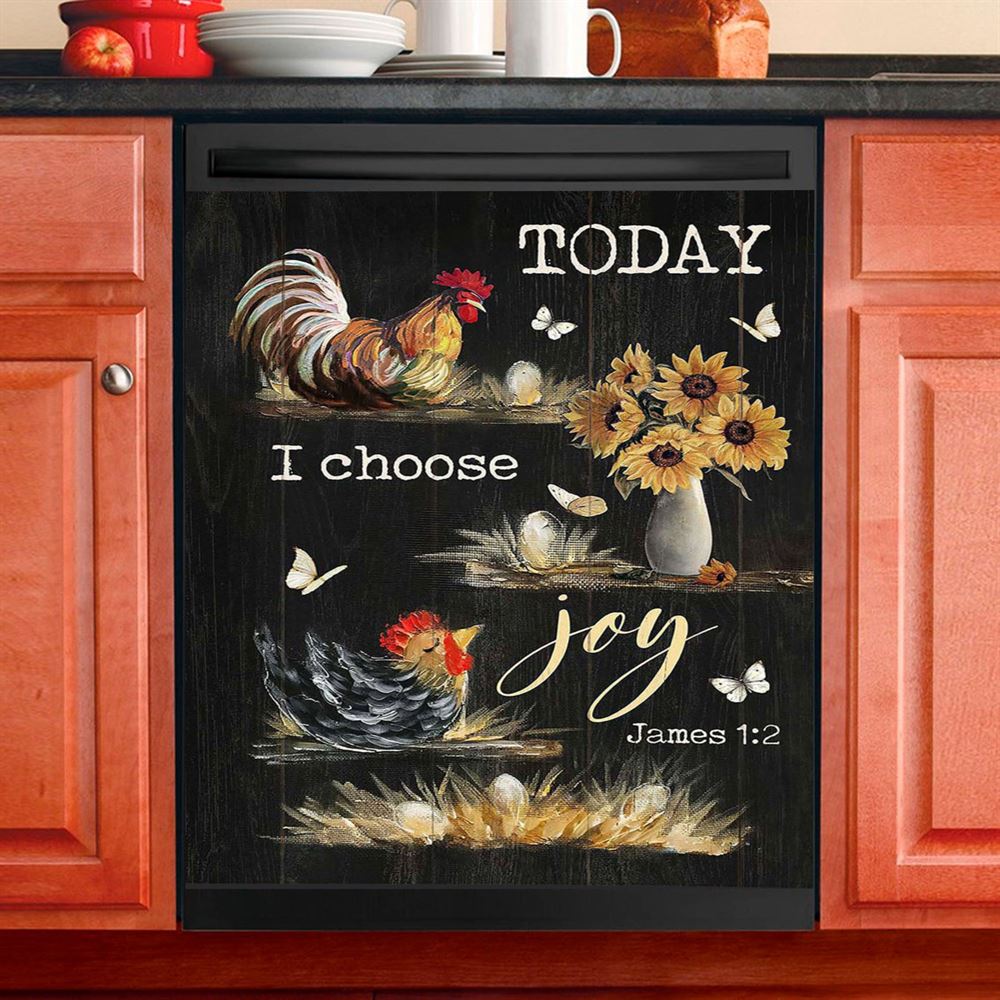 Rooster Sunflower Vase Black Background Today I Choose Joy Dishwasher Cover, Christian Dishwasher Wrap, Bible Verse Kitchen Decoration