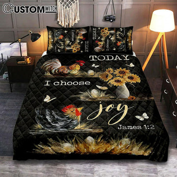 Rooster Sunflower Vase Black Background Today I Choose Joy Quilt Bedding Set Art - Christian Art - Bible Verse Bedroom - Religious Home Decor