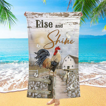 Rooster White Flower Field Sunset Rise And Shine Beach Towel - Christian Beach Towel - Bible Verse Beach Towel