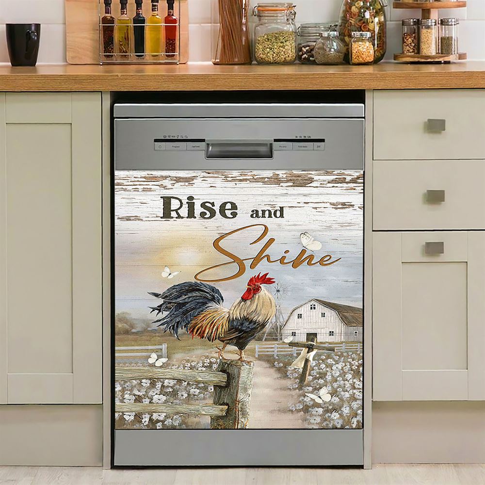 Rooster White Flower Field Sunset Rise And Shine Dishwasher Cover, Christian Dishwasher Wrap, Bible Verse Kitchen Decoration